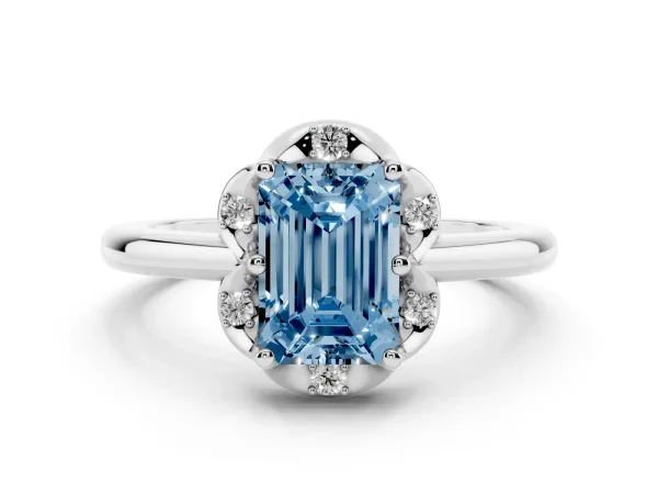 Fancy Blue Emerald Cut Halo Diamond Ring with Round Cluster Setting, Solitaire Band, and Four-Prong Setting Platinum
