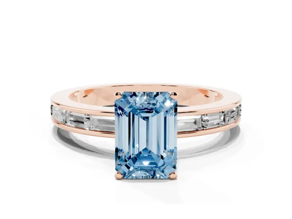 Fancy Blue Emerald Cut Solitaire Diamond Ring with Channel-Set Baguette Band and Four-Prong Setting Rose gold