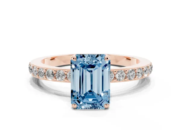 Fancy Blue Emerald Cut Diamond Solitaire Engagement Ring with Pavé Band and Four-Prong Setting Rose gold