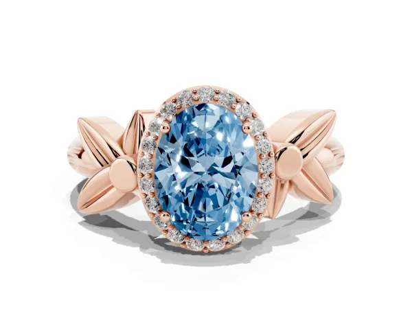 Fancy Blue Oval Cut Halo Diamond Floral Band with Four-Prong Setting Rose gold