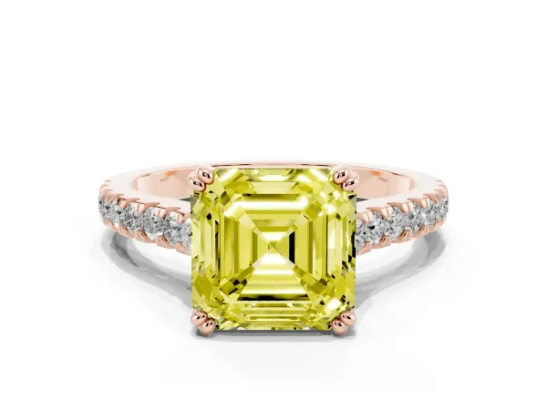 Fancy Yellow Asscher Cut Solitaire Pave Diamond Engagement Ring with Prong Setting Rose gold