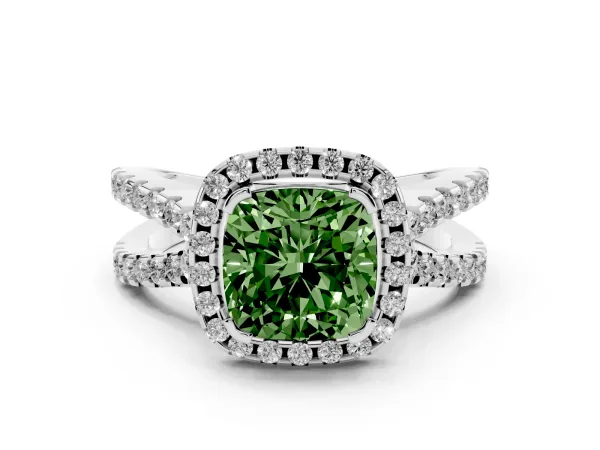 Fancy Green Cushion Cut Diamond Halo Ring with Split Shank Pavé Band and Prong Setting Platinum