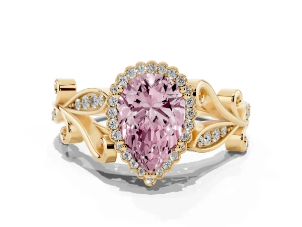 Fancy Pink Pear Cut Diamond Halo Ring with Vintage Split Shank and Four-Prong Setting Yellow gold