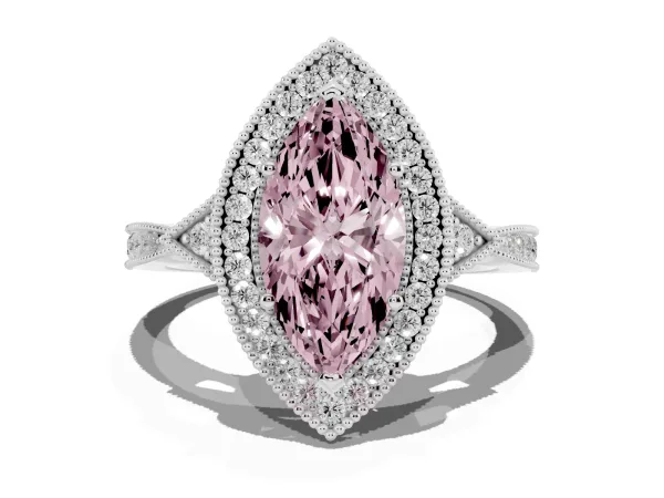 Fancy Pink Marquise Cut Halo Round Diamond Milgrain Pave Engagement Ring White gold
