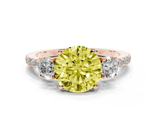 Fancy Yellow Three-Stone Round Cut Cut Diamond Pavé Band with Prong Setting Rose gold