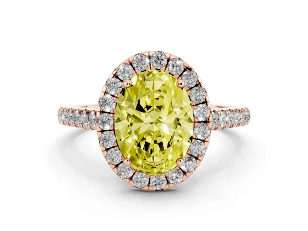 Fancy Yellow Oval Cut Halo Pave Diamond Engagement Ring with Four-Prong Setting Rose gold