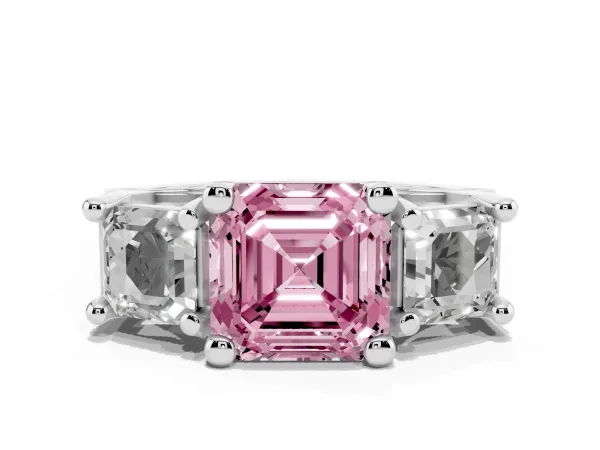 Fancy Pink Asscher Cut Diamond Three-Stone Ring with Channel Set Band and Four-Prong Setting Platinum