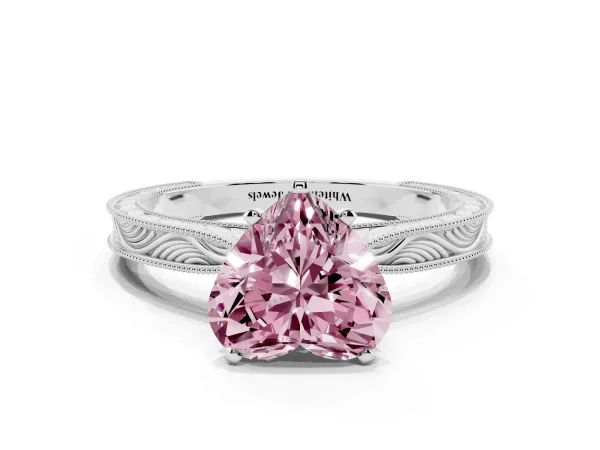 Fancy Pink Heart Cut Solitaire Milgrain Engraved Band with Four-Prong Setting Platinum