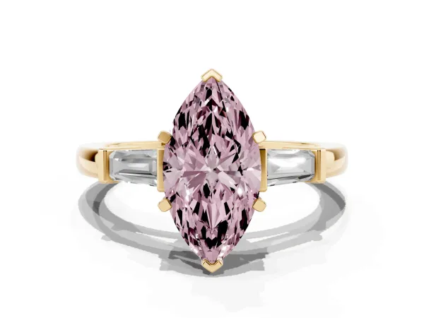 Fancy Pink Marquise Cut Cut Diamond Solitaire Ring with Tapered Baguette Accents and Four-Prong Setting Yellow gold