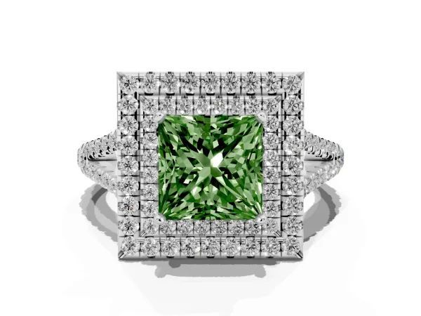 Fancy Green Princess Cut Diamond Double Halo Ring with Pavé Band and Prong Setting White gold