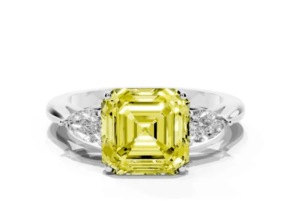 Fancy Yellow Asscher Cut Diamond Three-Stone Ring with Pear Side Stones and Prong Setting White gold