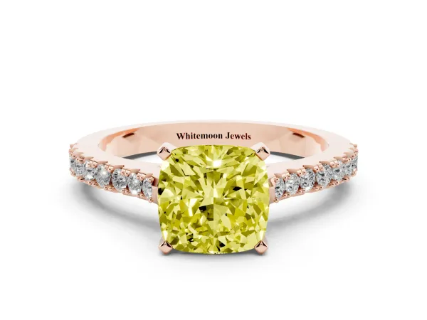Fancy Yellow Cushion Cut Cut Solitaire Diamond Engagement Ring with Pave Band and Four-Prong Setting Rose gold