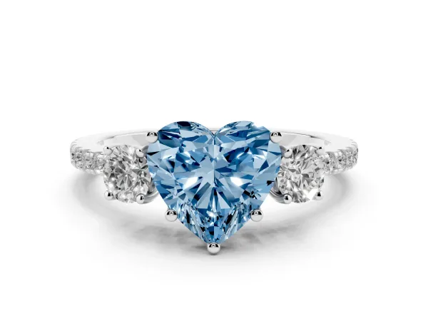 Fancy Blue Three-Stone Heart Cut Cut Diamond Pavé Band with Prong Setting Platinum