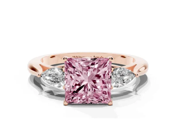 Fancy Pink Princess Cut Diamond Three-Stone Ring with Pear Side Stones and Prong Setting Rose gold