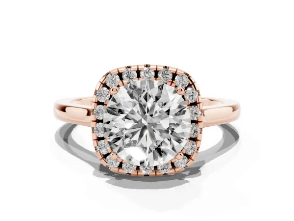 Round Cut Halo Round Diamond Solitaire Ring with Pavé Band and Four-Prong Setting Rose gold
