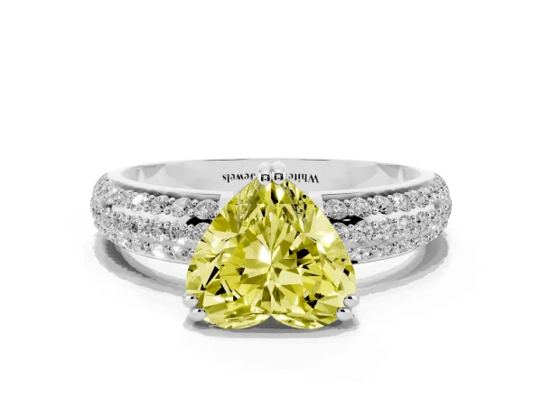 Fancy Yellow Heart Cut Diamond Solitaire Ring with Multi-Row Round Pavé Band and Prong Setting Platinum