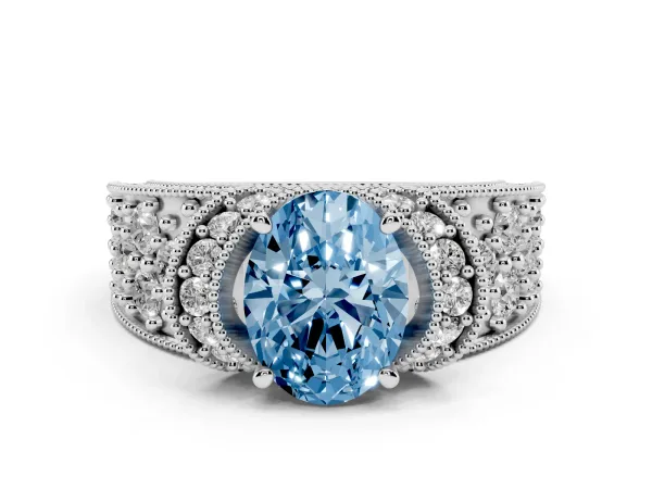 Fancy Blue Oval Cut Halo Pave Diamond Engagement Ring with Milgrain Detailing Platinum