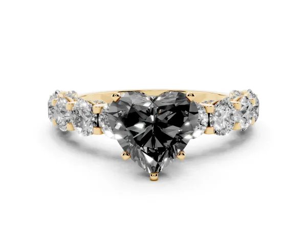 Fancy Black Heart Cut Diamond Side Stone Engagement Ring with Four-Prong Setting Yellow gold