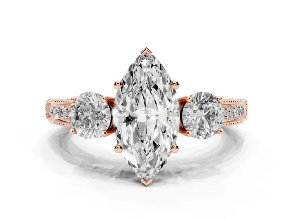 Marquise Cut Three-Stone Diamond Ring with Pavé Band and Four-Prong Setting Rose gold