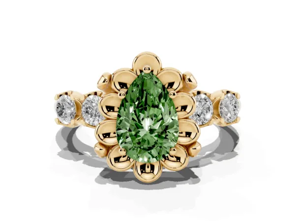 Fancy Green Pear Cut Cut Diamond Floral Halo Engagement Ring with Shared Prong Setting Yellow gold