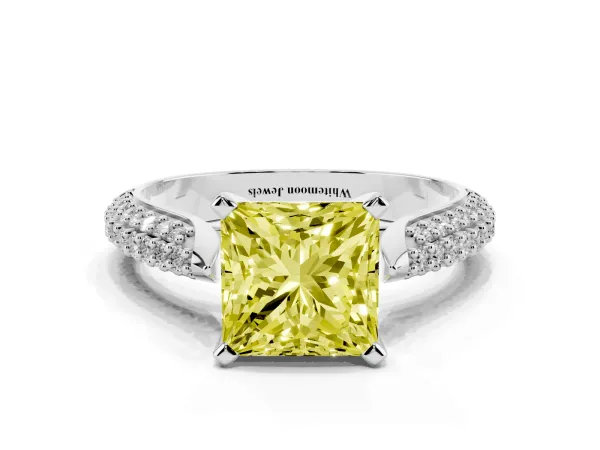 Fancy Yellow Princess Cut Diamond Solitaire Engagement Ring with Multi-Row Round Pavé Band and Prong Setting Platinum