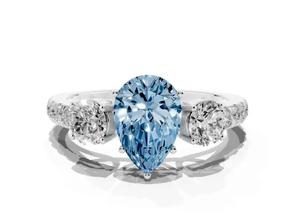 Fancy Blue Pear Cut Cut Diamond Three-Stone Ring with Round Side Stones and Pavé Band Platinum