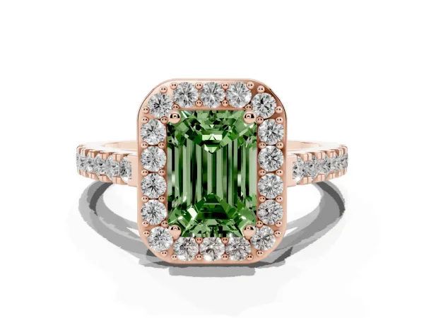 Fancy Green Emerald Cut Diamond Halo Ring with Round Pavé Split Shank and Prong Setting Rose gold