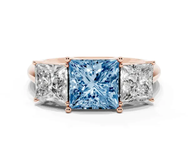 Fancy Blue Three-Stone Princess Cut Cut Diamond Engagement Ring with Prong Setting on a White Gold Band Rose gold