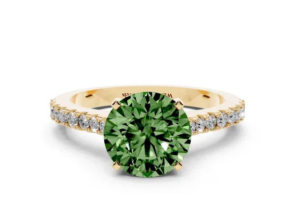 Fancy Green Round Cut Cut Solitaire Diamond Engagement Ring with Pave Band and Four-Prong Setting Yellow gold