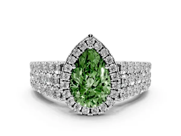 Fancy Green Pear Cut Diamond Halo Engagement Ring with Triple Row Round Pavé Band and Prong Setting Platinum