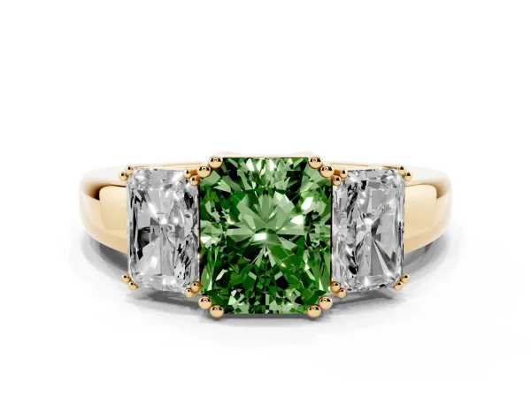 Fancy Green Three-Stone Radiant Cut Cut Diamond Ring with Channel Set Band and Four-Prong Setting Yellow gold