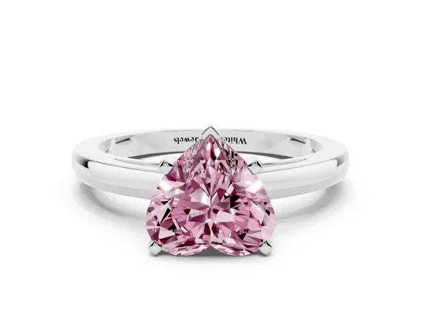 Fancy Pink Heart Cut Solitaire Diamond Engagement Ring with Four-Prong Setting on a Classic Band Platinum