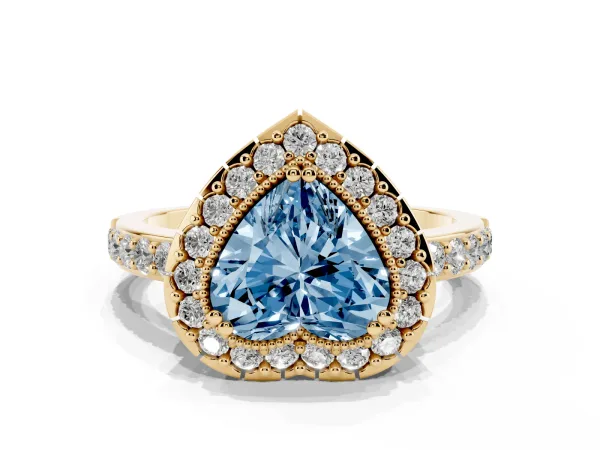 Fancy Blue Heart Cut Diamond Halo Ring with Pavé Band and Prong Setting Yellow gold