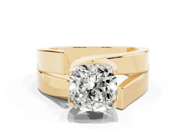 Modern Tension Set Cushion Cut Diamond Solitaire Wide Band Ring Yellow gold
