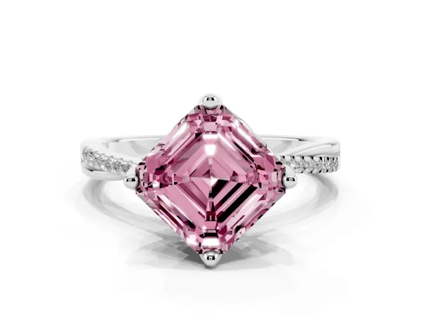Fancy Pink Asscher Cut Solitaire Twist Band with Pavé Diamonds and Four-Prong Setting White gold
