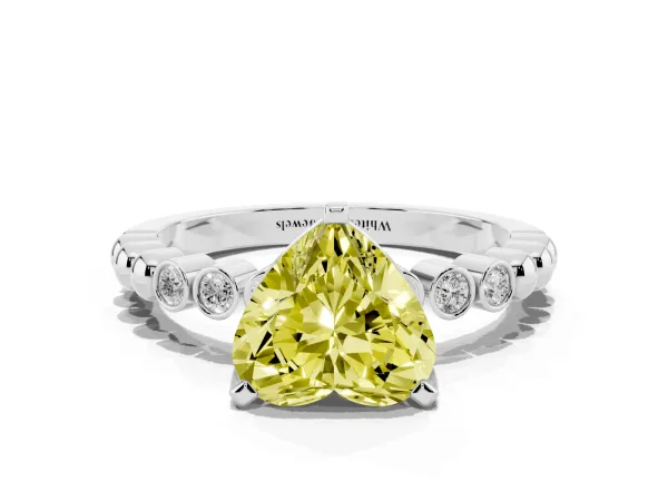 Fancy Yellow Heart Cut Solitaire Bezel Accent Diamond Engagement Ring with Beaded Band and Four-Prong Setting Platinum