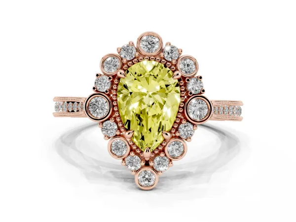 Fancy Yellow Pear Cut Halo Milgrain Pave Diamond Ring with Four-Prong Setting Rose gold