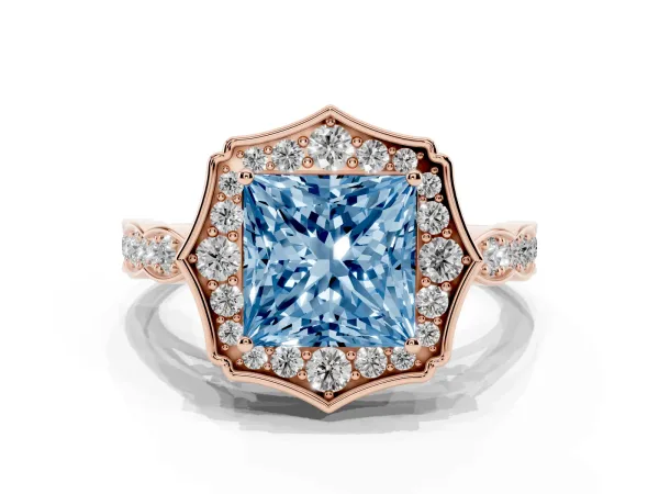 Fancy Blue Princess Cut Halo Diamond Engagement Ring with Milgrain Band and Four-Prong Setting Rose gold