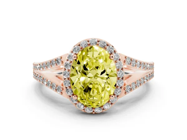 Fancy Yellow Oval Cut Halo Split Shank Pave Diamond Ring with Four-Prong Setting Rose gold