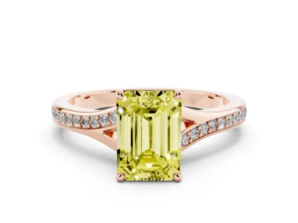 Fancy Yellow Emerald Cut Diamond Solitaire Ring with Pavé Band and Prong Setting Rose gold