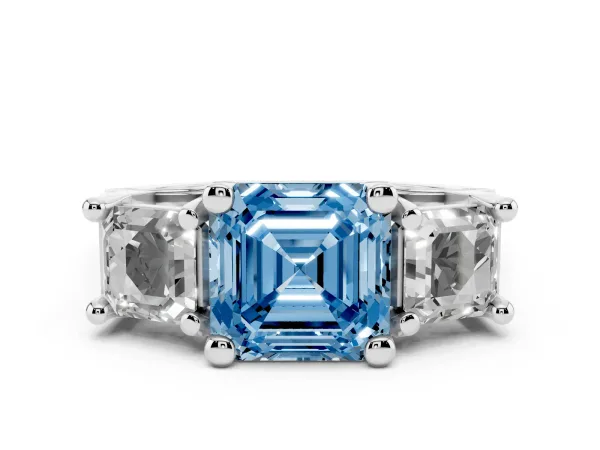 Fancy Blue Asscher Cut Diamond Three-Stone Ring with Channel Set Band and Four-Prong Setting Platinum