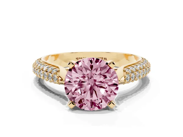 Fancy Pink Round Cut Diamond Solitaire Engagement Ring with Multi-Row Round Pavé Band and Prong Setting Yellow gold
