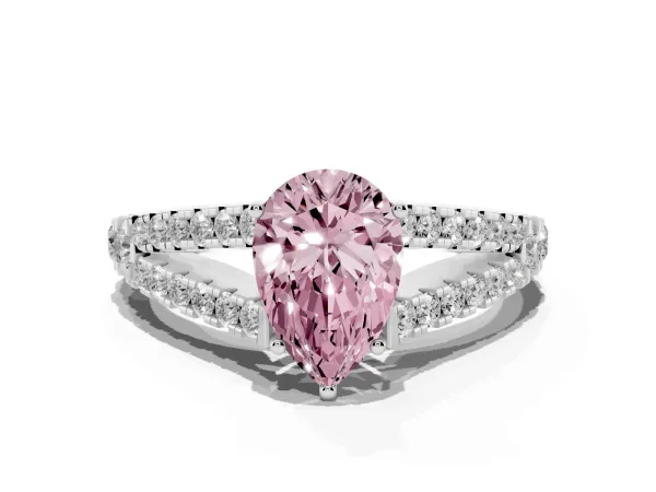 Fancy Pink Pear Cut Diamond Split Shank Pavé Engagement Ring with Four-Prong Setting Platinum