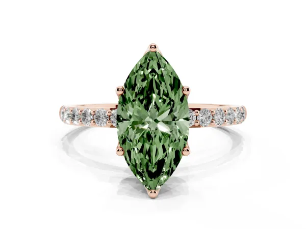 Fancy Green Marquise Cut Diamond Solitaire Engagement Ring with Round Pavé Band and Prong Setting Rose gold