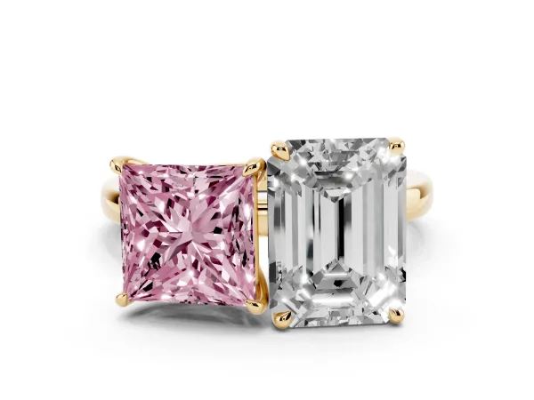 Fancy Pink Princess Cut and Emerald Cut Toi Moi Ring with Prong Setting Yellow gold