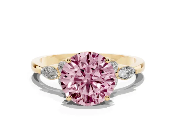 Fancy Pink Round Cut Brilliant Diamond Solitaire Ring with Pear Side Stones and Four-Prong Setting Yellow gold