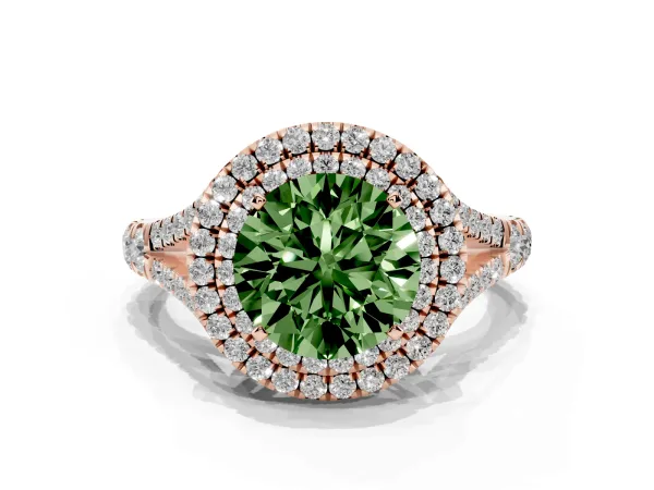 Fancy Green Double Halo Round Cut Diamond Split Shank Engagement Ring with Four-Prong Setting Rose gold
