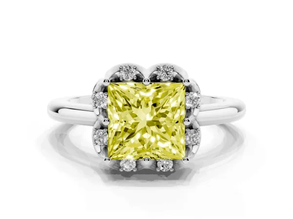 Fancy Yellow Princess Cut Halo Diamond Ring with Round Cluster Setting, Solitaire Band, and Four-Prong Setting Platinum