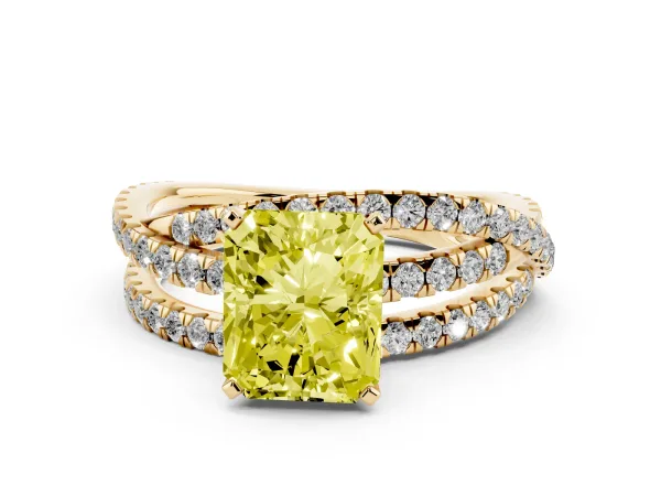 Fancy Yellow Radiant Cut Solitaire Twist Band with Pavé Setting and Four-Prong Setting Yellow gold