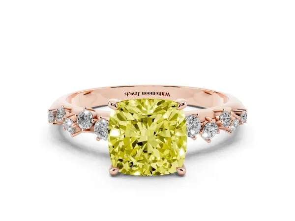 Fancy Yellow Cushion Cut Diamond Cluster Side Stone Solitaire Ring with Prong Setting Rose gold
